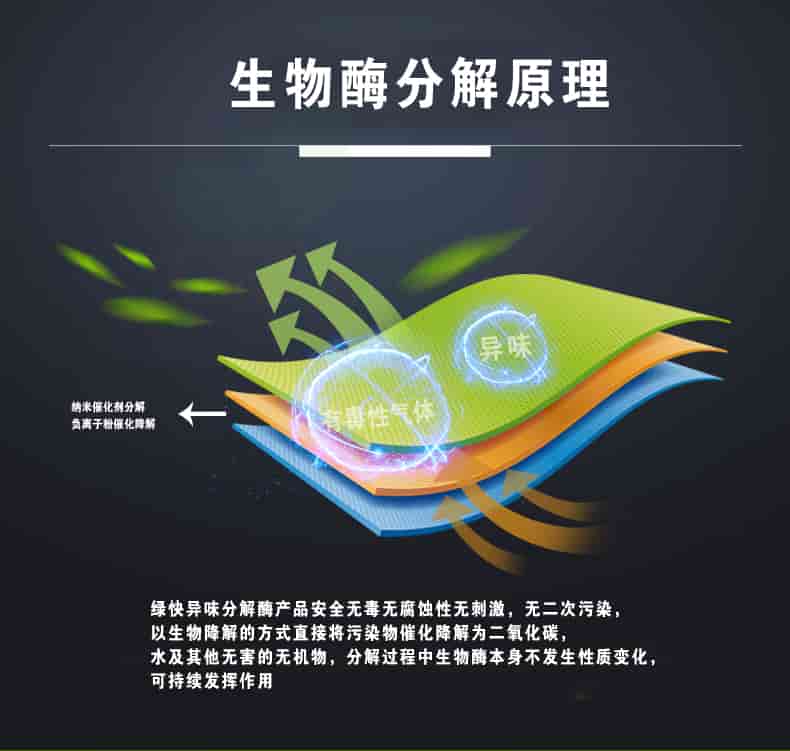生物酶分解原理，綠快異味分解酶產(chǎn)品安全無毒無腐蝕性無刺激，無二次污染，以生物降解的方式直接將污染物催化降解為二氧化碳，水及其他無害的無機物，分解過程中生物酶本身不發(fā)生性質(zhì)變化，可持續(xù)發(fā)揮作用