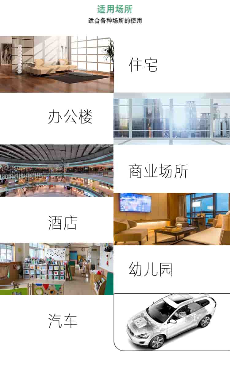適用場(chǎng)所，適合各種場(chǎng)所的使用，住宅，辦公樓，商業(yè)場(chǎng)所，酒店，幼兒園，汽車(chē)