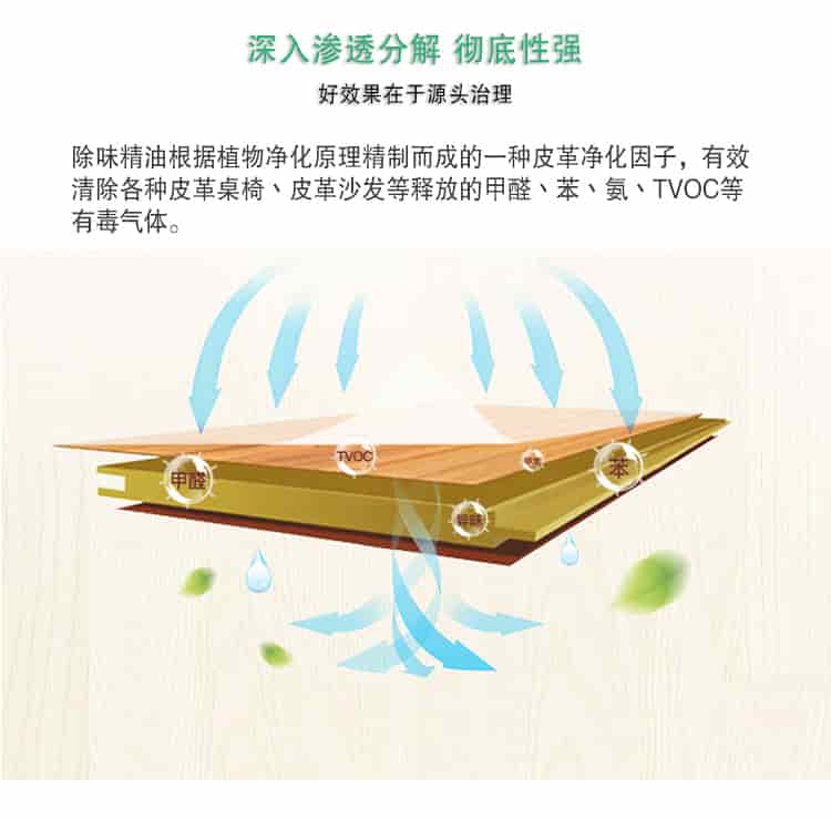 深入滲透分解 徹底性強(qiáng)，好效果在于源頭治理，除味精油根據(jù)植物凈化原理精制而成的一種皮革凈化因子，有效清除各種皮革桌椅丶皮革沙發(fā)等釋放的甲醛丶苯丶氨丶TVOC等 有毒氣體。