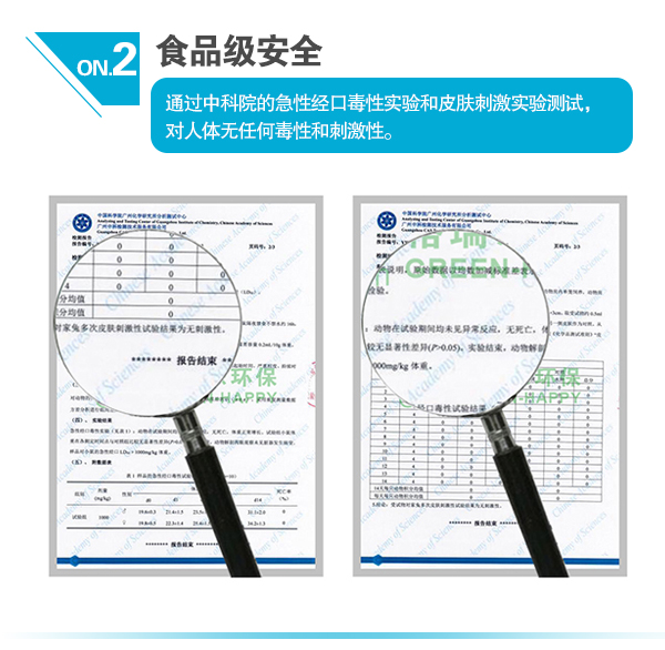 2、食品級(jí)安全  通過(guò)中科院的急性經(jīng)口毒性實(shí)驗(yàn)和皮膚刺激實(shí)驗(yàn)測(cè)試，對(duì)人體無(wú)任何毒性和刺激性。