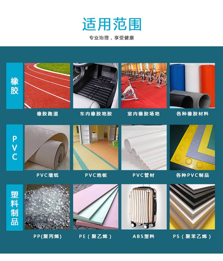 適用范圍專(zhuān)業(yè)治理享受健康,橡膠跑道,車(chē)內(nèi)橡膠地膠,室內(nèi)橡膠場(chǎng)地,各種橡膠材料,PVC墻紙,PVC地板,PVC管材,各種PVC制品塑料制品PP(聚丙烯)PE（聚乙烯）ABS（塑料）PS（聚苯乙烯 ）