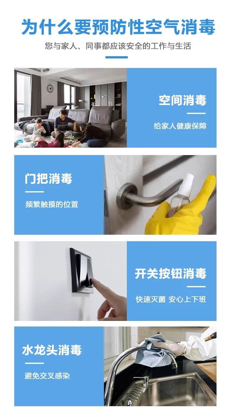 為什么要預(yù)防性空氣消毒,您與家人、同事都應(yīng)該安全的工作與生活,空間消毒,給家人健康保障,門(mén)把消毒,頻繁觸摸的位置,開(kāi)關(guān)按鈕消毒,快速滅菌,安心上下班,水龍頭消毒,避免交叉感染